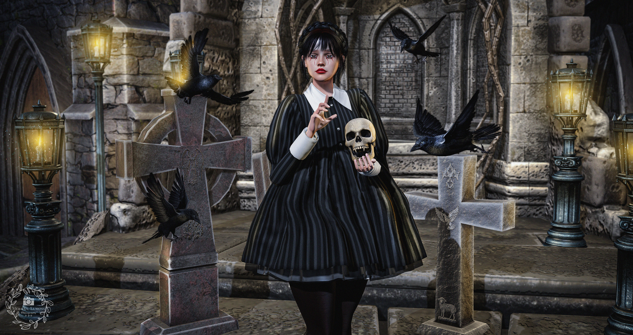 A mourning doll among the tombs, whispering secrets to skulls and crows.