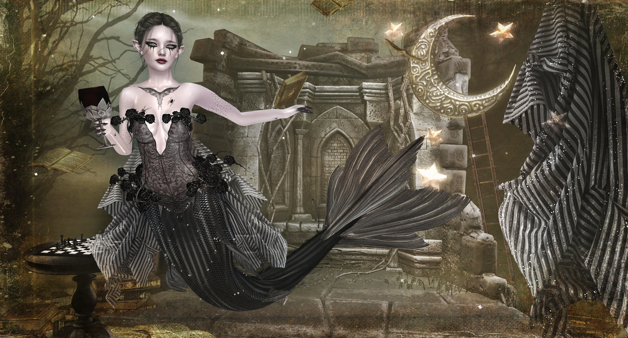 A shimmer of scales, velvet shadows, and the toast of eternity raised from the deep.