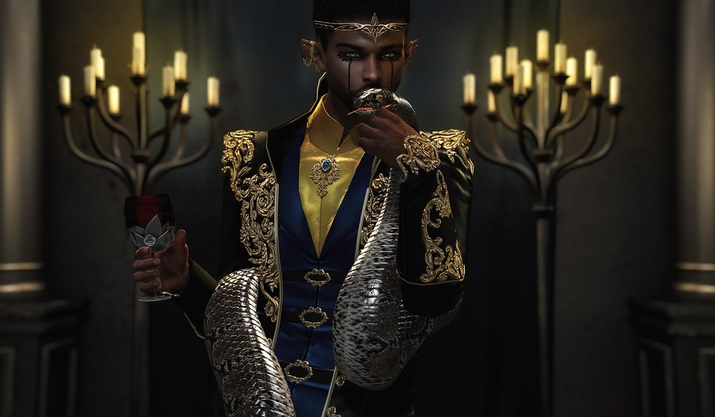 A decadent waltz of gold, shadow, and serpent’s kiss beneath a candelabra’s glow.