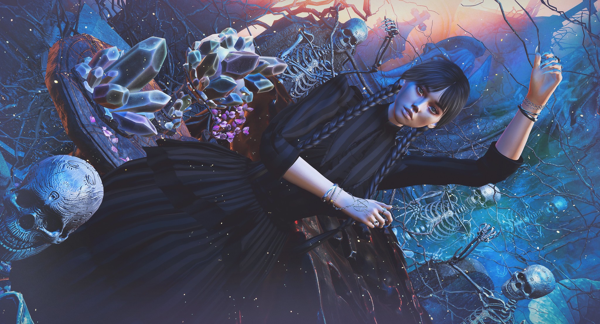 A crystal-strewn slumber in a graveyard’s skeletal embrace.