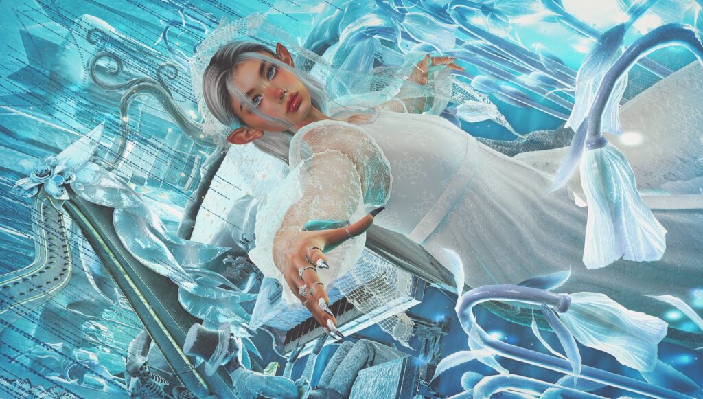 In a frozen hall of echoes, she reaches toward a song only winter remembers.