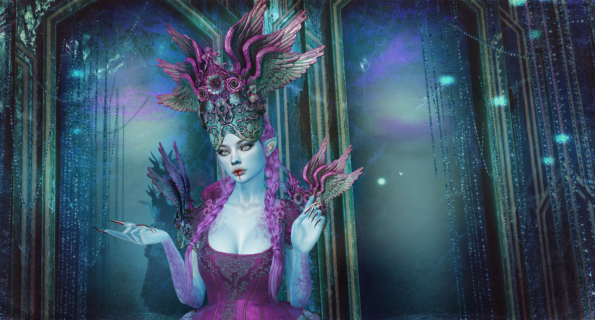 A queen carved from winter’s breath stands in silent splendor, her devotion crowned in frost and feathered grace.