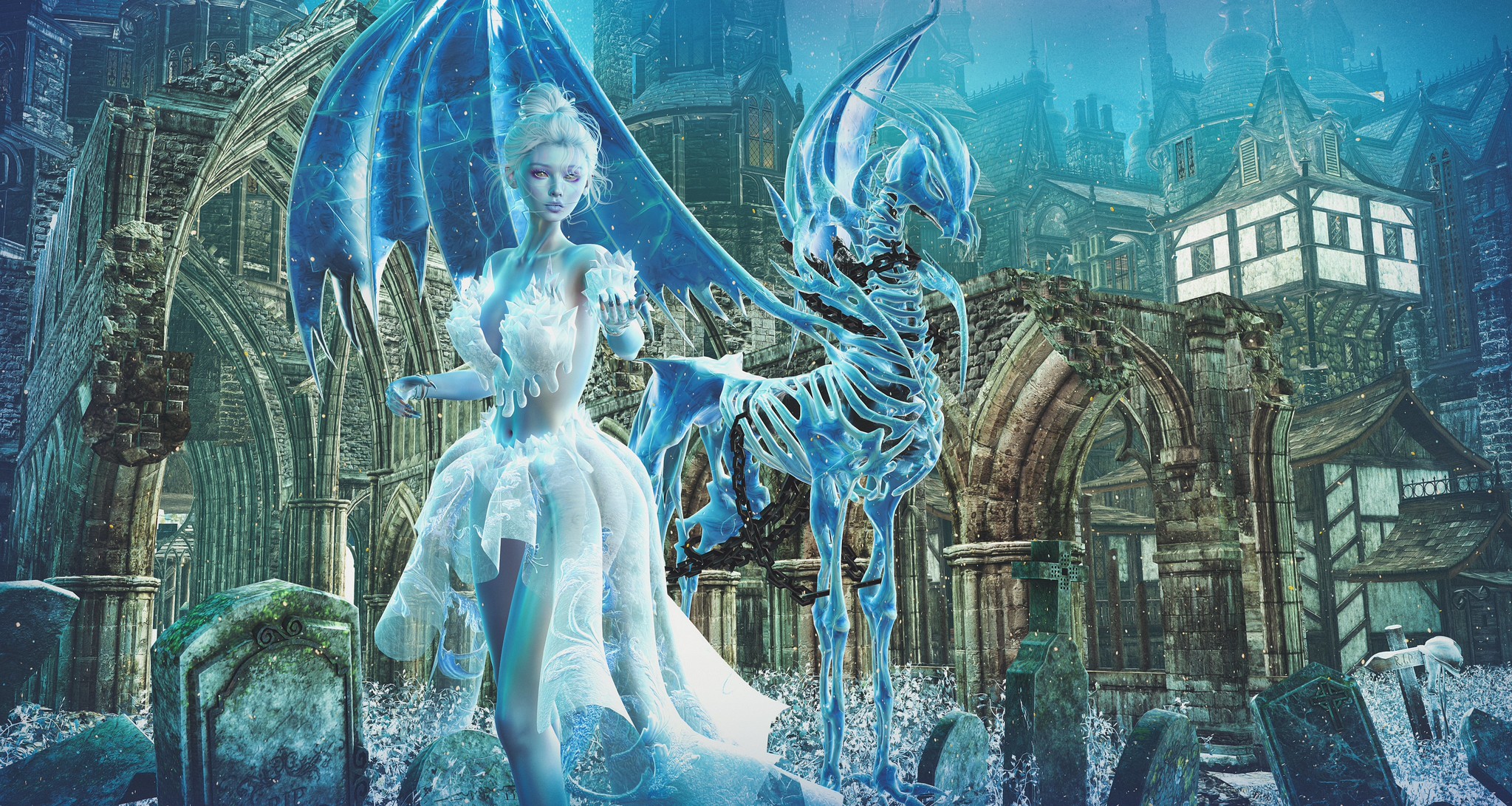 A winter queen stands among ancient ruins, her iceborn dragon at her side, as frost-lit magic coils through the graveyard and the last breath of winter clings to every stone.