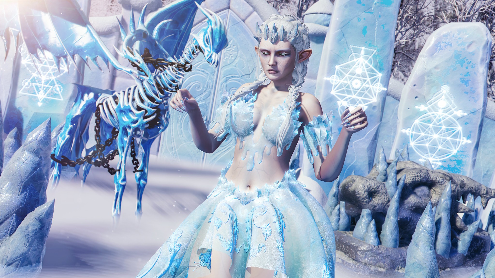 A queen born from winter’s breath stands unshaken as the world around her freezes into legend.