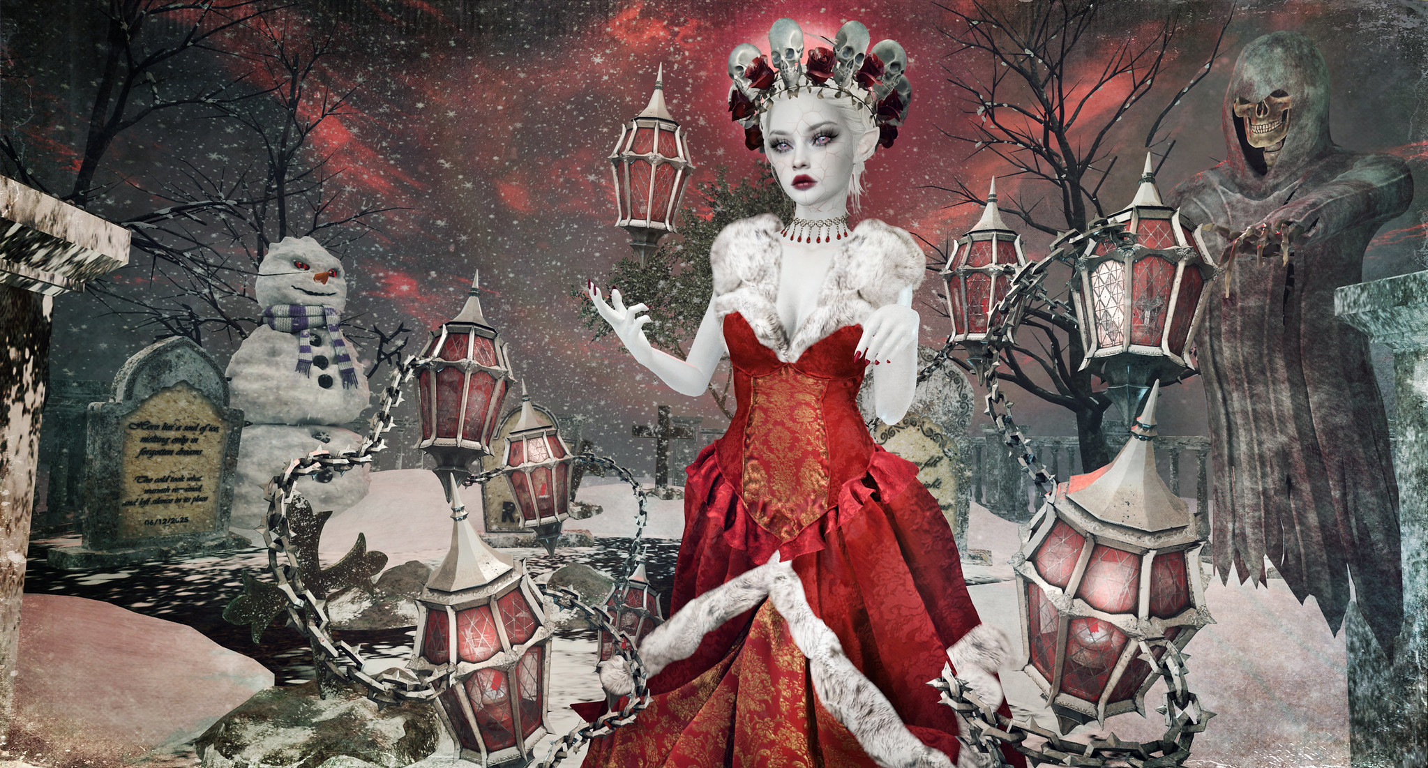 A lone figure stands beneath a blood-red sky, her gown blazing like a winter sun as frost clings to every lantern and stone.