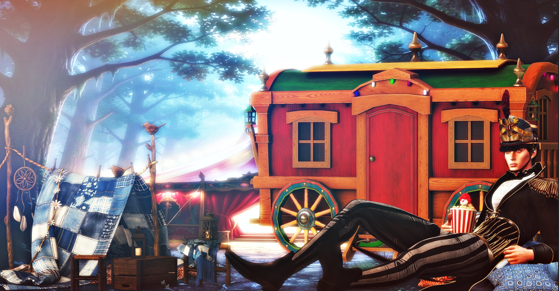 A quiet pause at the edge of the Midnight Carnival, where popcorn crumbs, wagon wheels, and whispered dreams all play their part.