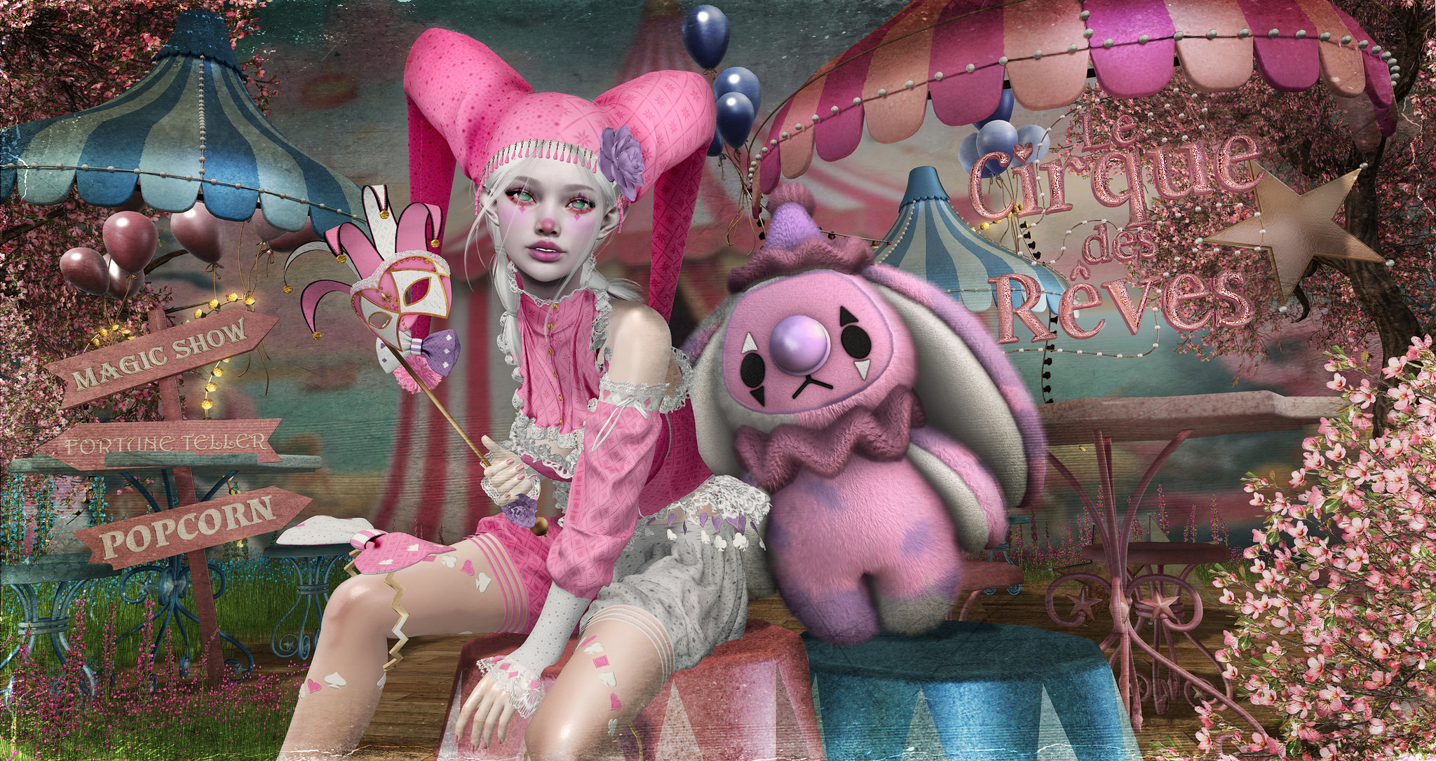 A pastel dream beneath the Midnight Carnival tents, where lace, blossoms, and whispered promises bloom in the glow of circus lights.